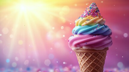 Colorful ice cream cone with rainbow sprinkles against a vibrant bokeh background