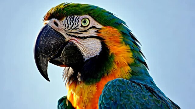Close-up portrait of colorful macaw parrot with blue, yellow, green plumage on soft background