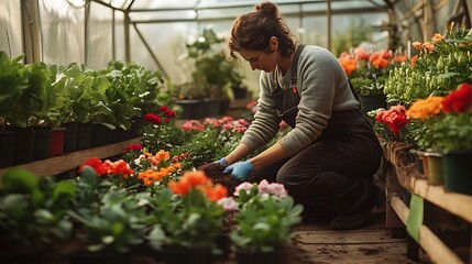 A greenhouse interior where a gardener is kneeling beside a row of potted flowers, gently pressing mulch around the base of each plant, the warm,