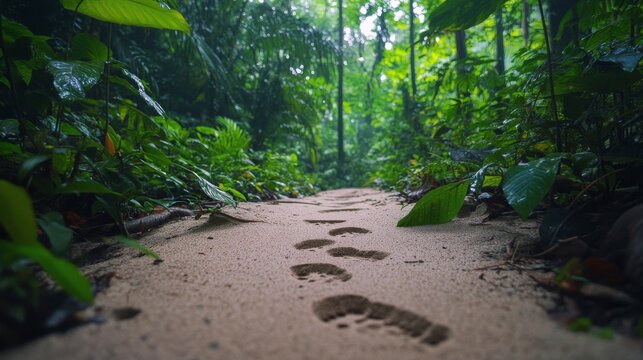 Fototapeta Footprints in the sand along a tranquil jungle path surrounded by lush green foliage