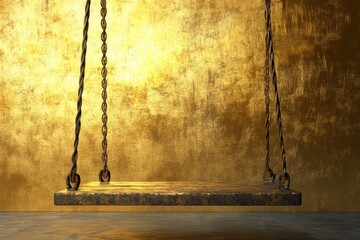 Rusty metallic swing hangs against a textured golden surface