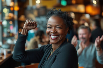Smiling confident black woman flexing her arms in a gesture of confidence and celebration, seated in a vibrant cafe. Accelerate Action campaign pose.