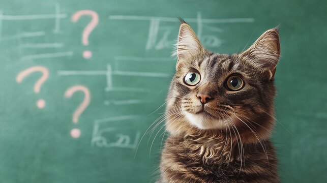 Curious cat engages with chalkboard full of mysteries and questions in a whimsical classroom setting