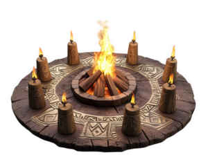 tribal style campfire surrounded by wooden torches creates warm and inviting atmosphere. intricate stone circle adds mystical touch, perfect for gatherings