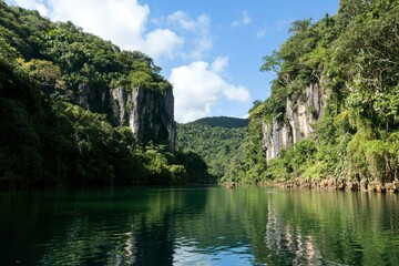 River winds through majestic cliffs and lush forest. Travel use. Serene scene