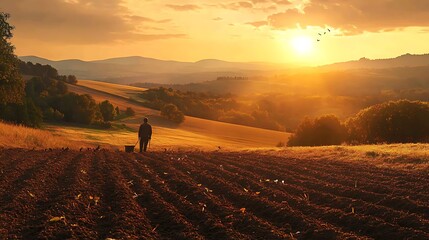 Fototapeta premium A peaceful countryside scene where a farmer is planting seeds in fertile soil, the setting sun casting long shadows over the rolling hills, birds chirping in the background, a moment of renewal.