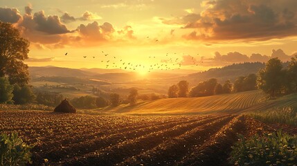 A peaceful countryside scene where a farmer is planting seeds in fertile soil, the setting sun casting long shadows over the rolling hills, birds chirping in the background, a moment of renewal.