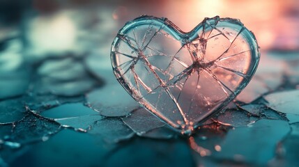 Glass heart sculpture with intricate cracks resting on shattered ice surface during twilight