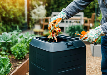 Garden composting activity in a backyard during daylight hours with fresh vegetable scraps being added to a compost bin