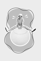 Poster magazine collage advertising sport store retail tennis game equipment little man flying big ball