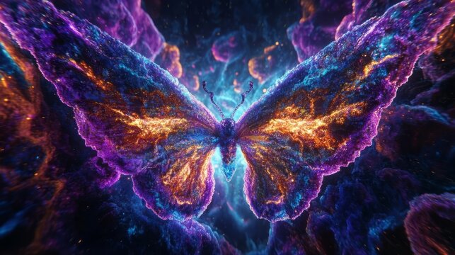 Colorful butterfly formation emerges in abstract cosmic landscape with vibrant swirls and textures