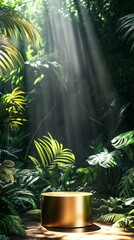 Obraz premium Golden Podium in Lush Tropical Jungle for Product Promotion, Nature-Themed Presentation Design with Sunlight, Foliage, and Exotic Backdrop, Generative AI