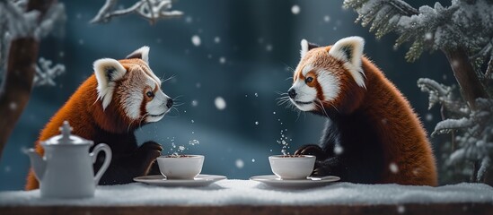 Red Pandas Enjoying Tea in a Snowy Winter Scene at Twilight
