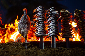 sardines and fish on the fire pierced with a sword, typical of Malaga, they are called espetos