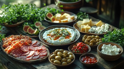 Obraz premium Colorful spread of fresh food including cheese, olives, and herbs on a wooden table at a rustic setting