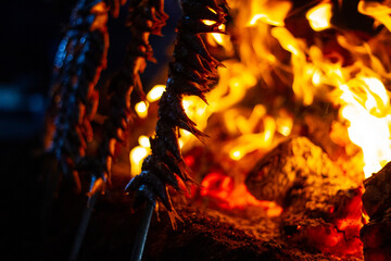 sardines and fish on the fire pierced with a sword, typical of Malaga, they are called espetos