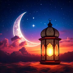Ramadan Kareem crescent glowing with a lantern against a stunning moonlit sky, featuring soft clouds and a beautiful blend of blue, red, and purple hues in the evening view.