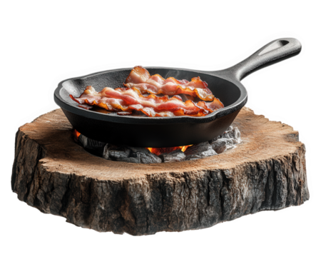 cast iron skillet cooking crispy bacon over campfire on wooden log, creating hearty outdoor meal experience