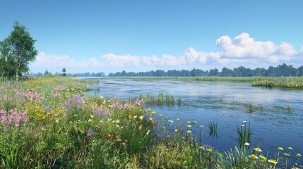 Sunny riverside meadow flowers reflecting in calm water