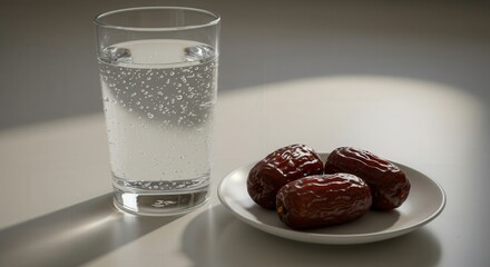 a plate of dates and a glass of water for iftar on a white background with soft lighting