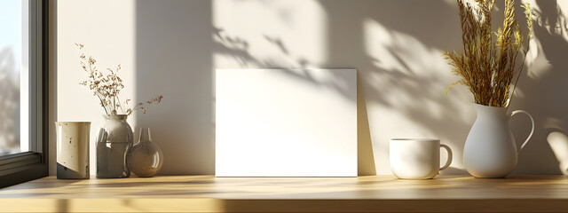 A vertical, blank white postcard sits on the table in front of an open window
