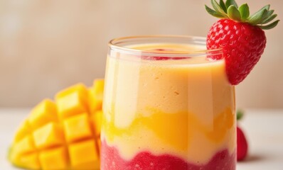 Vibrant fruit smoothie with strawberries and mango