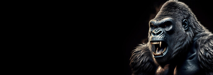 Portrait of a large silverback gorilla or mountain gorilla while roaring looking at camera, isolated on a black background with copy space. Angry powerful animal roaring showing teeth. Generative Ai.