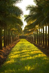 Obraz premium Palm Trees Lining Path in Garden at Sunrise for Travel, Relaxation, or Escape