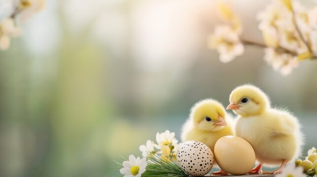 Three adorable yellow chicks nestle sweetly among colorful Easter eggs and blooming spring flowers. This lively display captures the joy of Easter celebrations in a vibrant blurred backdrop