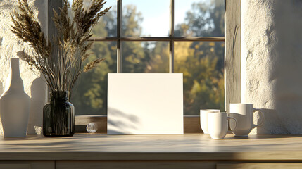 A vertical, blank white postcard sits on the table in front of an open window
