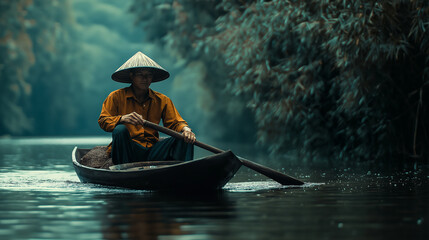 Obraz premium Traditioneller asiatischer Fischer in Kegelform-Hut rudernd in einem kleinen Holzboot auf einem ruhigen Fluss im Dschungel. Die gedämpfte Atmosphäre und Morgennebel schaffen eine zeitlose Szene