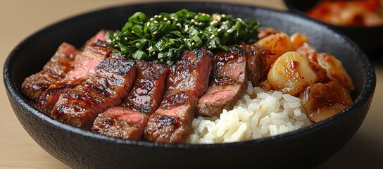 Grilled beef slices on rice with garlic and greens in a black bowl.