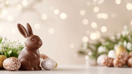 Close up of a chocolate bunny for Easter surrounded by colorful eggs and spring flowers set on a rustic table with a blurred light background creating a festive atmosphere
