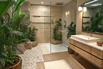 Fototapeta premium Luxurious modern bathroom featuring tropical greenery and elegant decor in a serene setting