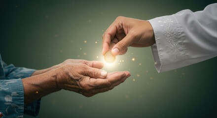 a hand offering a coin to another with glowing light for ramadan