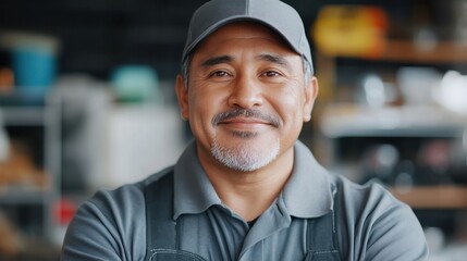 A smiling man in work attire stands confidently, showcasing a friendly demeanor in a workshop setting filled with tools.