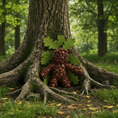 Obraz premium A mischievous brownie, crafted from acorns and leaves, hiding amongst the roots of an ancient oak tree. brownie, acorn, leaf, oak tree, hiding, mischievous, tiny, magical, nature, forest, whimsical, 