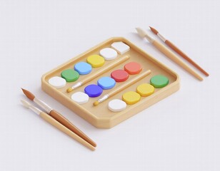 Naklejka premium 3D watercolor paint set with colorful paints and paintbrushes ready for artistic creation