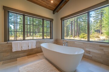 Fototapeta premium Elegant bathroom with freestanding tub and scenic forest view in a modern mountain retreat