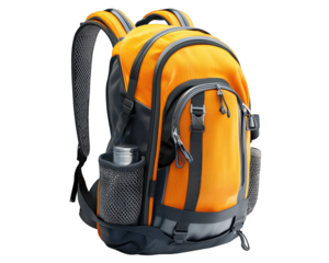 vibrant orange backpack designed for outdoor activities, featuring multiple compartments and mesh pockets for water bottles. Ideal for hiking and travel enthusiasts