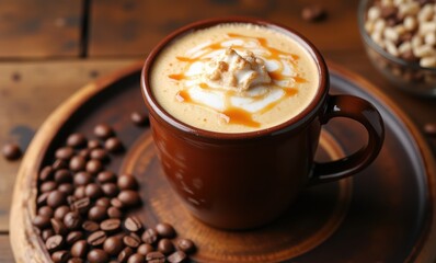 Delicious caramel coffee with whipped cream