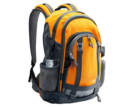 vibrant orange backpack designed for outdoor activities, featuring multiple compartments and mesh pockets for water bottles. Ideal for hiking and travel enthusiasts