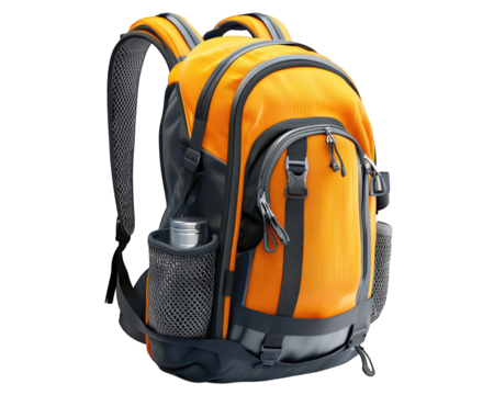 vibrant orange backpack designed for outdoor activities, featuring multiple compartments and mesh pockets for water bottles. Ideal for hiking and travel enthusiasts