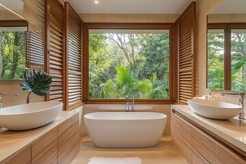 Fototapeta premium Stylish bathroom design featuring a freestanding tub with lush greenery view through large windows in a modern home