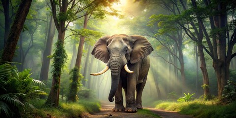 Fototapeta premium Majestic Elephant Standing in Lush Green Forest with Sunlight