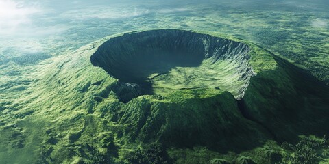 dormant volcano, its grass-covered crater nestled within a pristine wilderness.