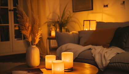 Cozy Living Room Illustration: Warm Candlelight and Pampas Grass