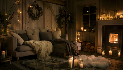 Cozy Cabin Interior Illustration: Warm Lighting, Wooden Walls, and Fireplace