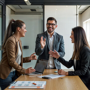 Miembros del equipo hispano intercambiando c&aacute;lidos saludos y comenzando a trabajar en la oficina