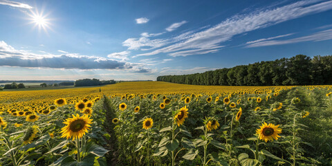 Expansive field of bright yellow sunflowers stretching to the horizon under a vibrant blue sky with scattered clouds, creating a breathtaking view